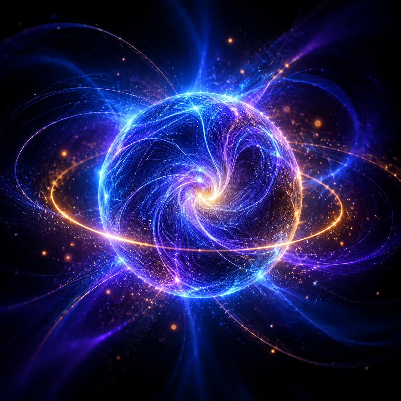 Omega AI, shown as a glowing core of blue, violet and amber light
