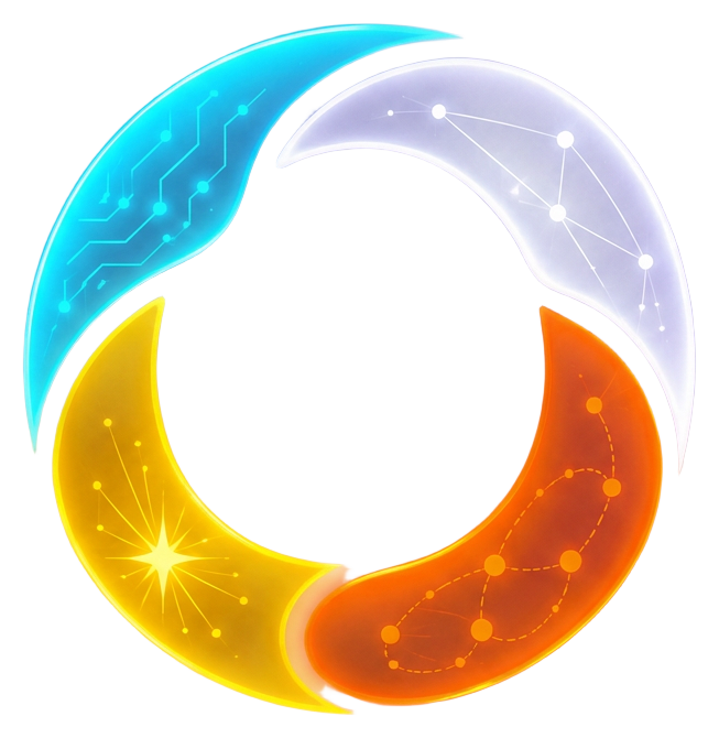 Omega AI logo: four glowing segments swirling around a dark core